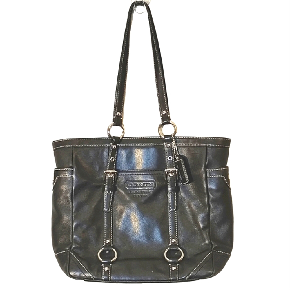 Coach Black Leather Shoulder Tote with White Contrast Stitching